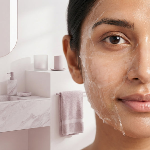 A close-up view of a woman applying a transparent collagen peel-off mask to her cheek in a bright, blush-toned room.