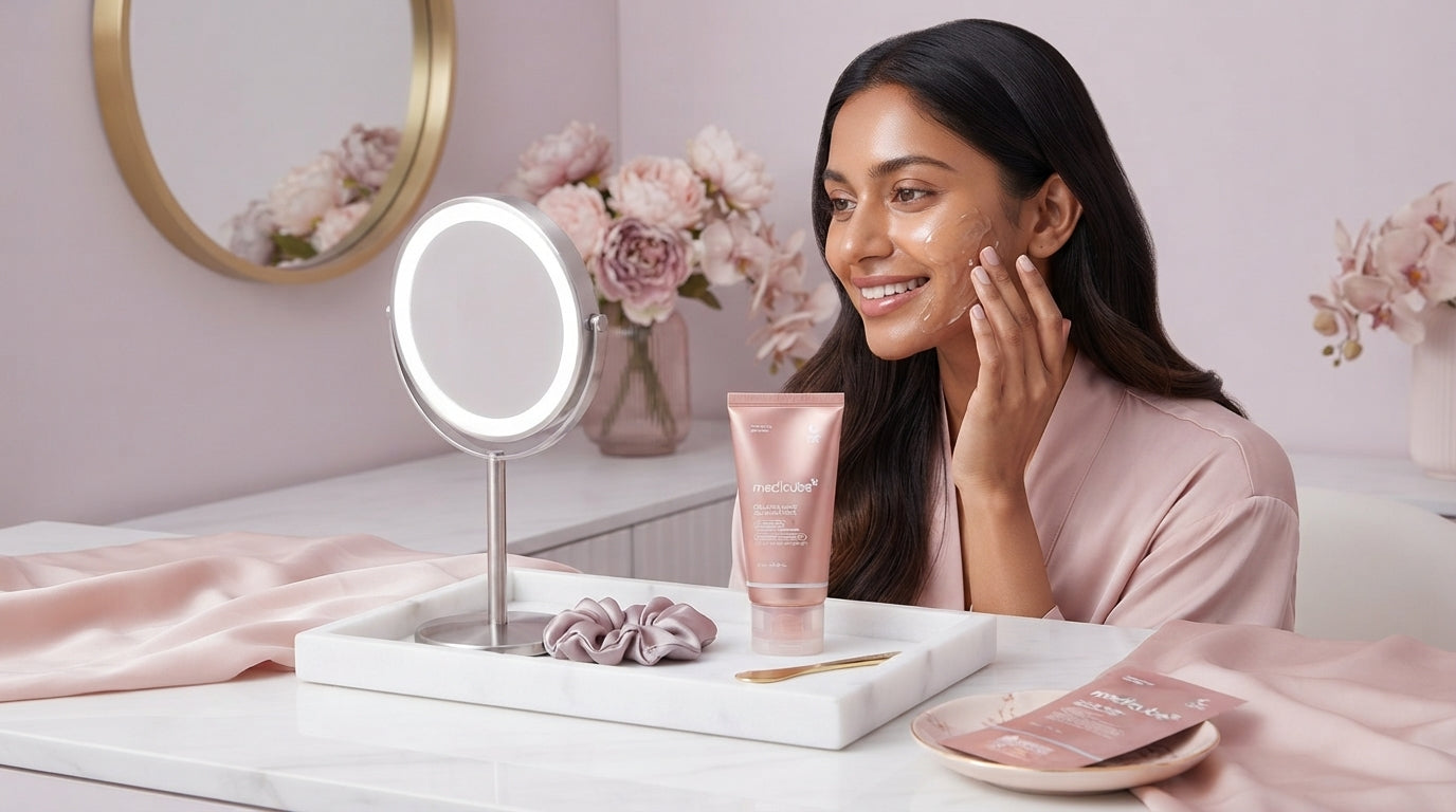 A South Asian woman applying a facial mask in a bright room decorated with blush pink and white accents.